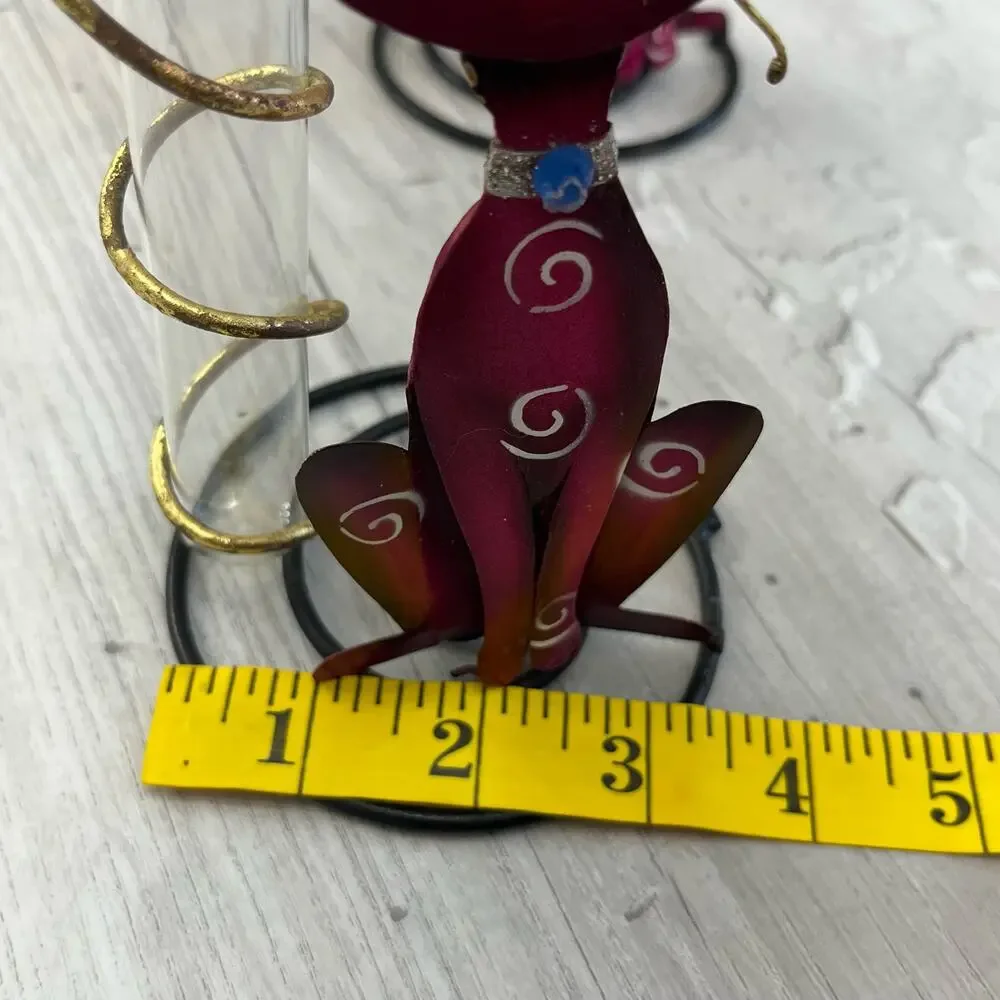 Vintage Metal Glass Whimsical Pink Swirl Cat Test Tube Bud Vase Set